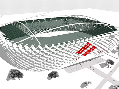 Modern Stadium Architectural Design With Unique Facade Green Roof And Red Elements 3d model