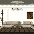 Elegant Living Room Interior With Beige Sofa Coffee Table Artwork Chandelier And Checkered Rug