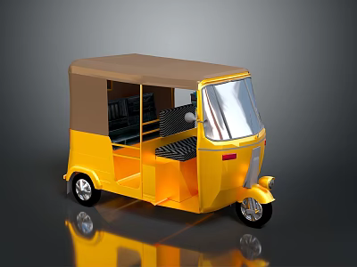 Yellow Auto Rickshaw With Brown Canopy Transparent Windshield And Black Seats 3d model