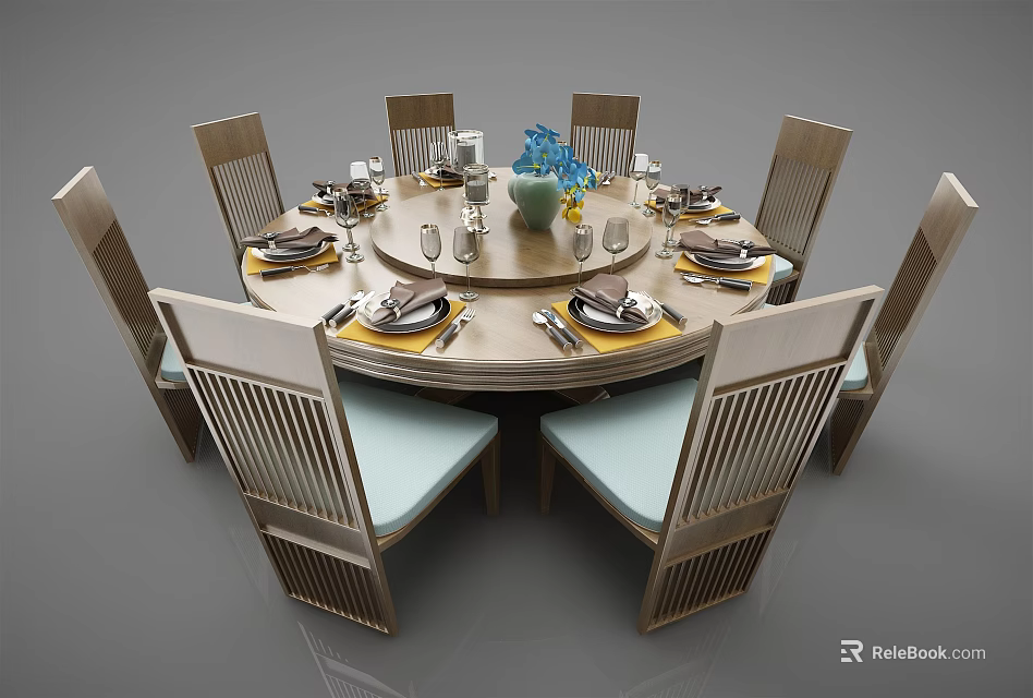Elegant Round Dining Table Set With Wooden Chairs Blue Flower Vase And Tableware 3d model 