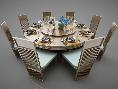 Elegant Round Dining Table Set With Wooden Chairs Blue Flower Vase And Tableware 3d model
