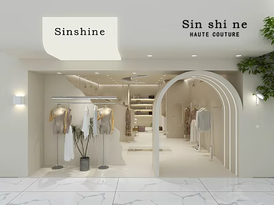 Modern Sinshine Haute Couture Clothing Store With Clothing Racks Marble Floor And Green Plants 3d model