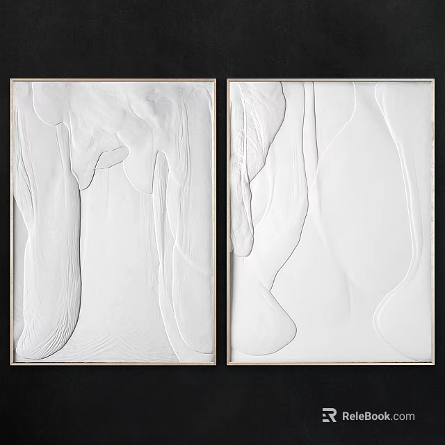 Two White Abstract Paintings With Black Frames And Flowing White Lines 3d model 