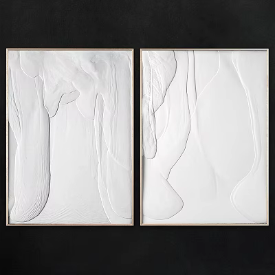 Two White Abstract Paintings With Black Frames And Flowing White Lines 3d model