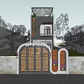 Modern Detached Villa With Circular Windows Lush Greenery And Front Courtyard