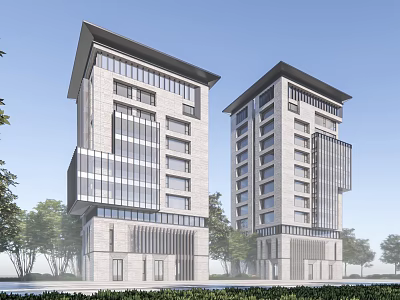 Twin Modern High Rise Office Buildings With Glass Curtain Walls and Landscaped Surroundings Including Trees 3d model