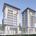 Twin Modern High Rise Office Buildings With Glass Curtain Walls and Landscaped Surroundings Including Trees