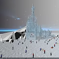 Ancient Architecture Inspired Ice Castle with Colorful Illuminated Towers under Starry Sky and People Around