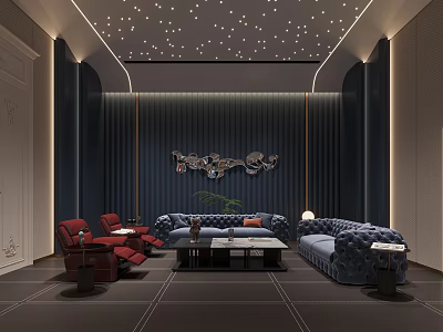Luxurious Home Theater Interior With Dark Blue Walls Starry Ceiling Gray Sofa And Red Armchairs 3d model