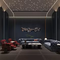 Luxurious Home Theater Interior With Dark Blue Walls Starry Ceiling Gray Sofa And Red Armchairs