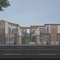Modern Traditional Commercial Street Architecture With Outdoor Seating Trees And Parked Cars