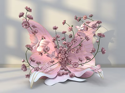Pink Butterfly Shaped Art Installation With Pink Flowers And White Base 3d model
