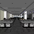 Spacious Cafeteria Interior With White Tables Chairs Large Windows And Grid Ceiling 3d model