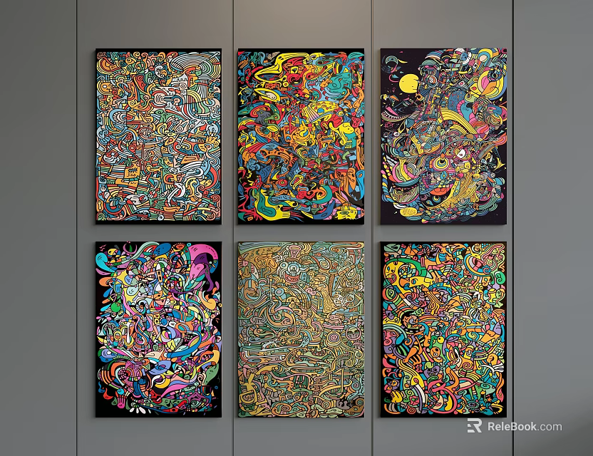 Six Vibrant Abstract Paintings with Intricate Patterns Hanging on Gray Wall 3d model 