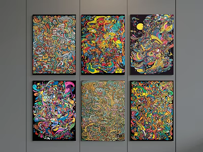 Six Vibrant Abstract Paintings with Intricate Patterns Hanging on Gray Wall 3d model