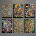 Six Vibrant Abstract Paintings with Intricate Patterns Hanging on Gray Wall