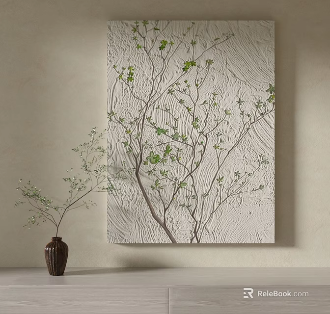 Botanical Painting Featuring Branches Green Leaves on Textured Light Wall and Brown Vase Holding Sprigs 3d model 