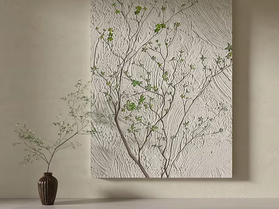 Botanical Painting Featuring Branches Green Leaves on Textured Light Wall and Brown Vase Holding Sprigs 3d model