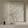 Botanical Painting Featuring Branches Green Leaves on Textured Light Wall and Brown Vase Holding Sprigs