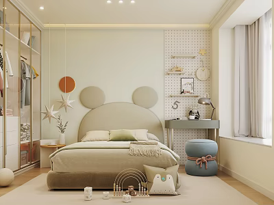 Kids Room With Mickey Mouse Ear Headboard Polka Dot Wall Desk And Blue Stool 3d model