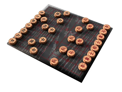 Chinese Chess Themed Decorative Ornament Set with Wooden Pieces and Red Marked Board 3d model