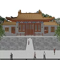 Traditional Ancient Chinese Architecture With Yellow Tile Roof Overhanging Eaves Red Doors And Stone Base