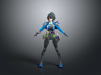 Tech Inspired Humanoid Character With Blue Black Outfit Green Waist Gear Short Hair Look 3d model