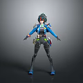 Tech Inspired Humanoid Character With Blue Black Outfit Green Waist Gear Short Hair Look