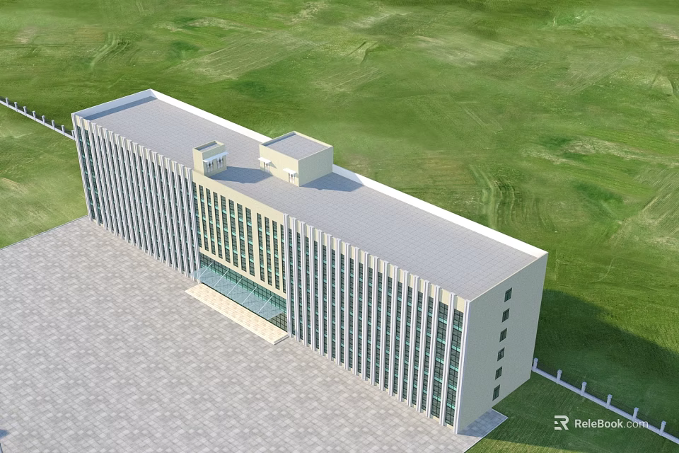 Modern Multi Story Office Building With Large Glass Windows And Green Lawn Plaza 3d model 