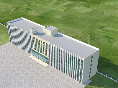 Modern Multi Story Office Building With Large Glass Windows And Green Lawn Plaza 3d model