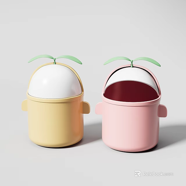 Cute Design Public Facilities Trash Bins With Yellow Pink Colors And Green Leaf Decorations 3d model 