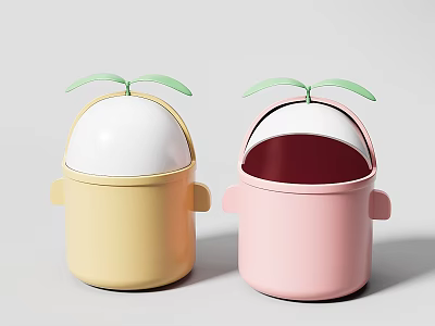 Cute Design Public Facilities Trash Bins With Yellow Pink Colors And Green Leaf Decorations 3d model