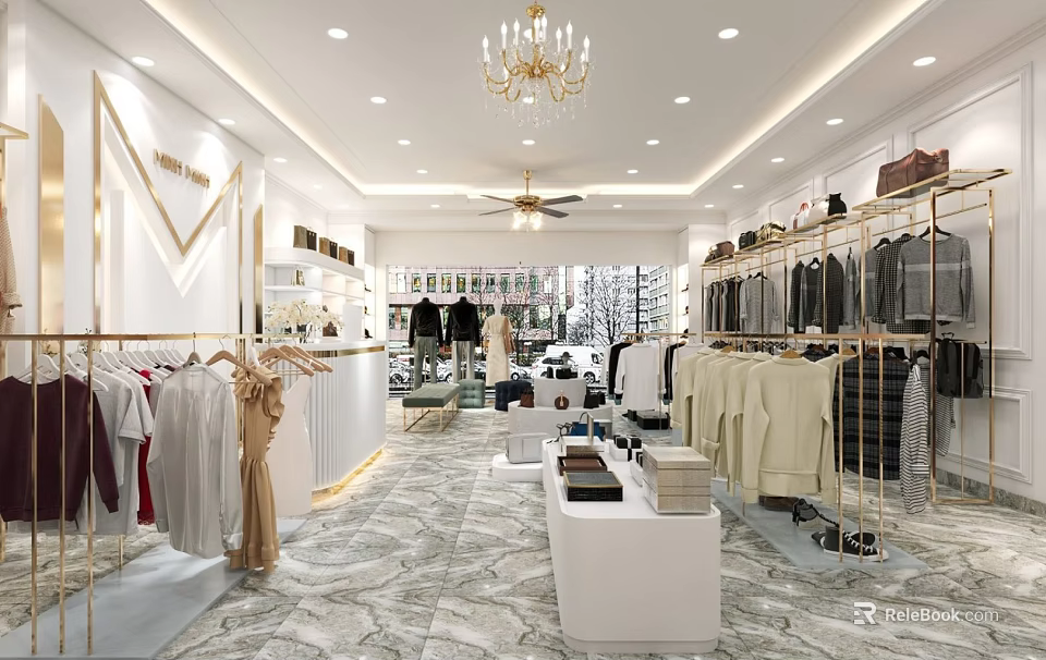 Stylish Clothing Store Interior With Chandelier Fan Racks Clothes White Display Tables And Marble Flooring 3d model 