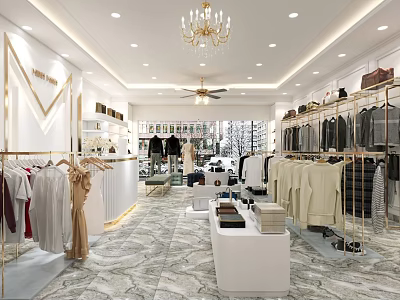 Stylish Clothing Store Interior With Chandelier Fan Racks Clothes White Display Tables And Marble Flooring 3d model