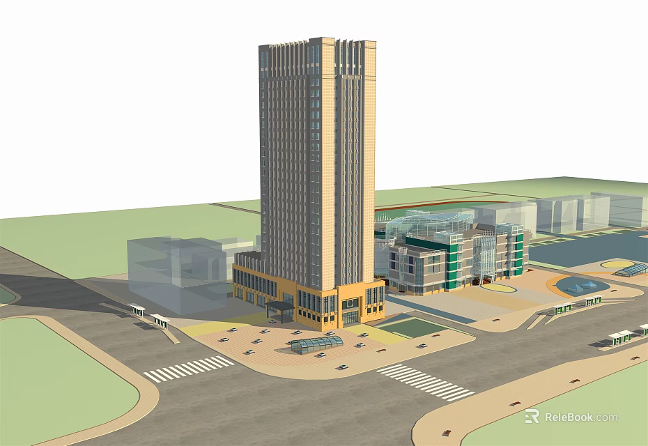 Modern High Rise Office Building With Glass Facade Ground Plaza And Surrounding Structures 3d model 