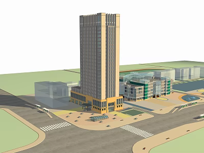 Modern High Rise Office Building With Glass Facade Ground Plaza And Surrounding Structures 3d model