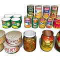 Assorted Canned And Bottled Food Collection With Tuna Vegetable Cans And Pickled Vegetable Jars