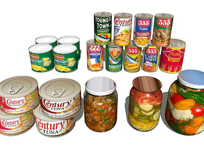 Assorted Canned And Bottled Food Collection With Tuna Vegetable Cans And Pickled Vegetable Jars 3d model