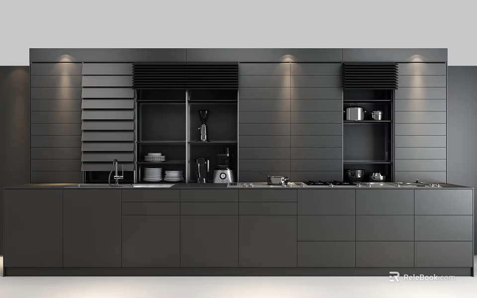 Modern Kitchen Interior With Sleek Black Cabinets And Functional Storage Elements 3d model 