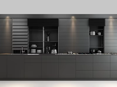 Modern Kitchen Interior With Sleek Black Cabinets And Functional Storage Elements 3d model