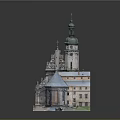 Cartoon Style Church Building Scene With Green Spire Gray Roof And Arched Windows