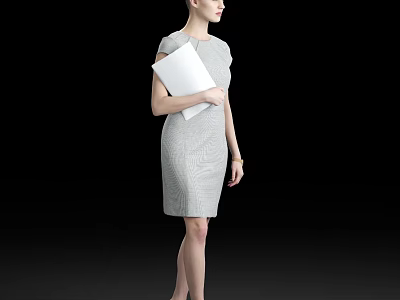 Professional Woman In Striped Short Sleeved Dress Holding White Folder Against Black Background 3d model