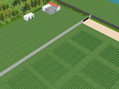 Rural Self Built House With Green Fields And Surrounding Trees Near Road 3d model