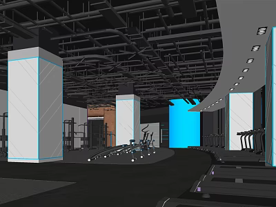 Modern Gym Workout Space With Treadmills Dumbbells Columns And Blue Lighting 3d model