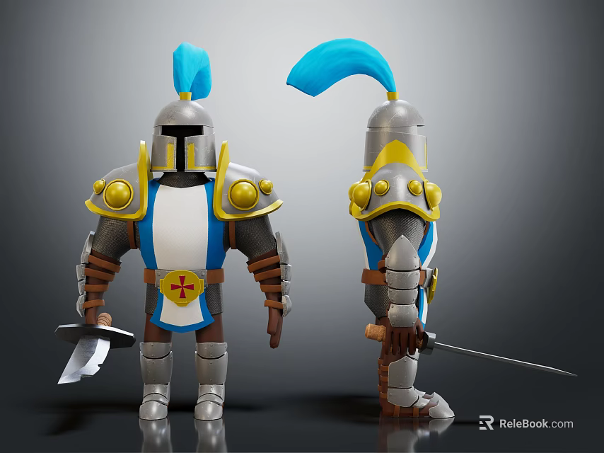 Knight Character 3D Model With Blue Plume Armor And Sword Two Views 3d model