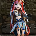 Anime Style Game Character With Pink Red Long Hair Blue White Outfit And Stone Wall