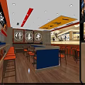 Vibrant Modern Restaurant Interior With Orange Chairs Blue Counter Wooden Floors And Wall Decorations