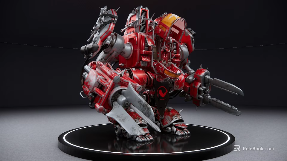 Red Gray Smart Mechanical Robot With Sharp Weapons Armor Black Circular Base White Halo 3d model 