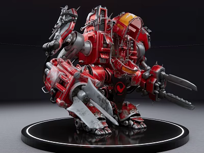 Red Gray Smart Mechanical Robot With Sharp Weapons Armor Black Circular Base White Halo 3d model
