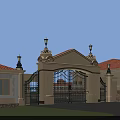 European Style Entrance Gate With Columns Lamp Posts Iron Design And Red Tile Roofs